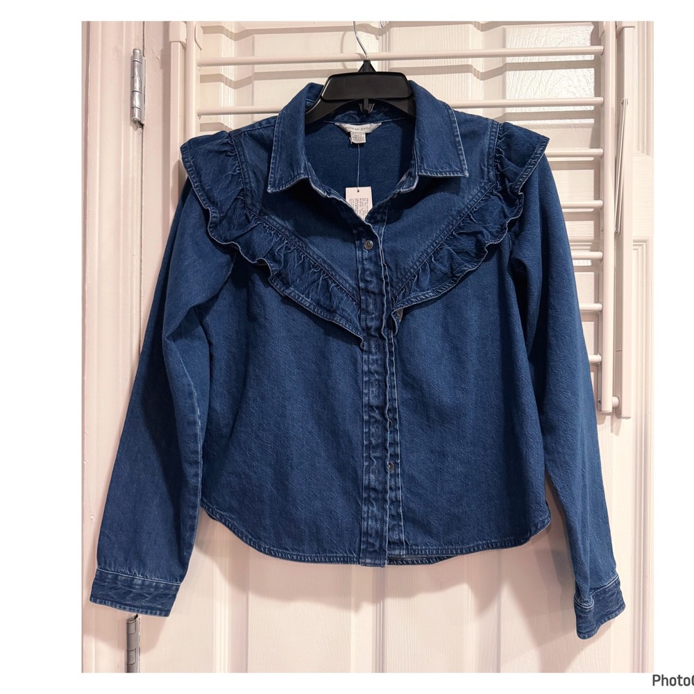 NWT Western Blue Denim Ruffle Button Down Cotton Shirt Xsmall